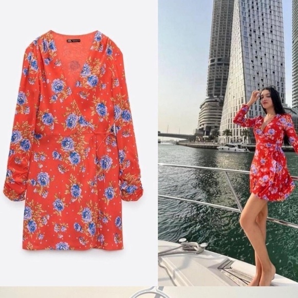 Zara | NWT Red Floral Wrap V-Neck Ruched 3/4-Length Sleeve Dress XS - Picture 3 of 13
